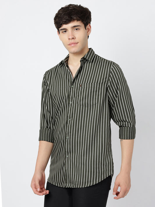 Striped Long Sleeves Classic Dark Green And White (100% Cotton)