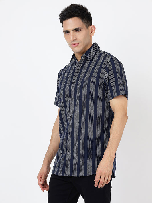 Printed Short Sleeves Dark Blue Striped Prints (100% Cotton)