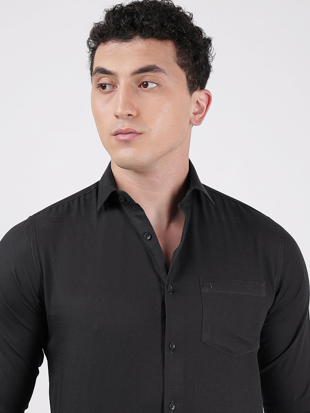 Solid Full Sleeves Black Slub Twill