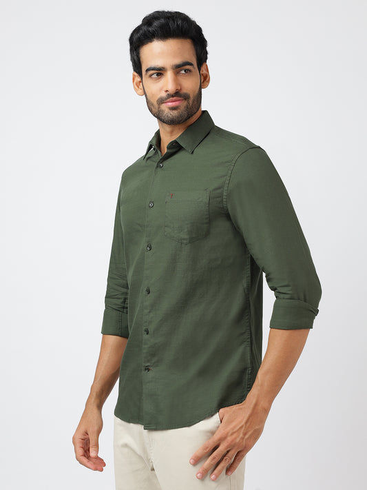 Solid Long Sleeves Green Slub Twill (100% Cotton)