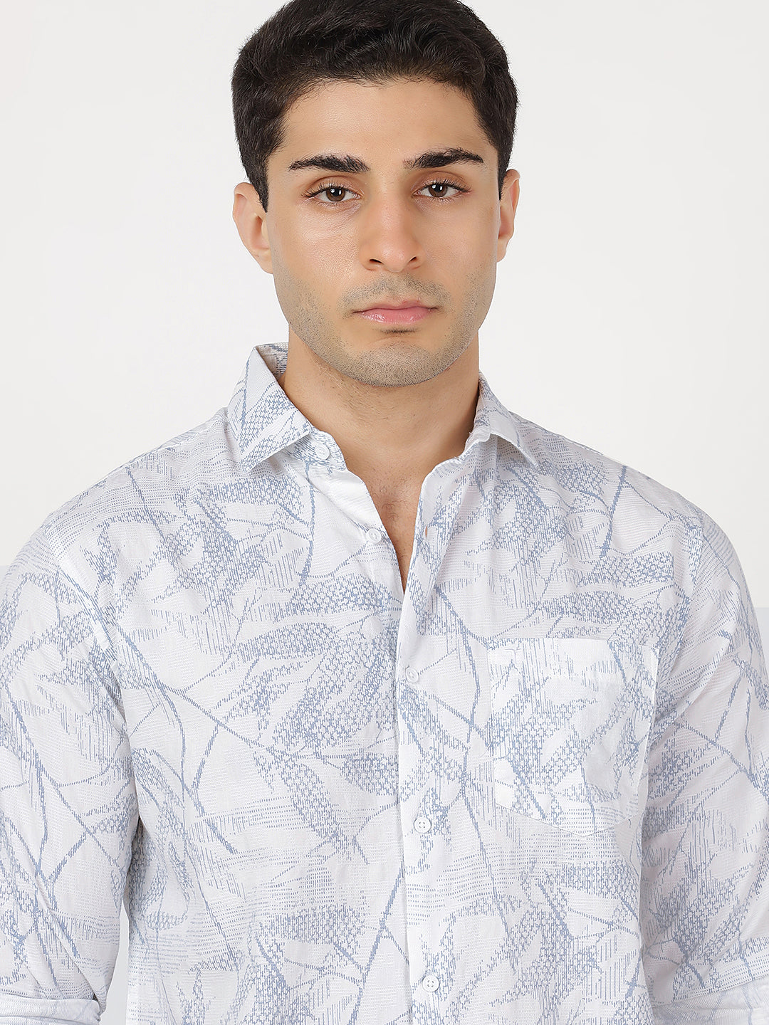 Print Long Sleeves Leafy Blue & White Large Print