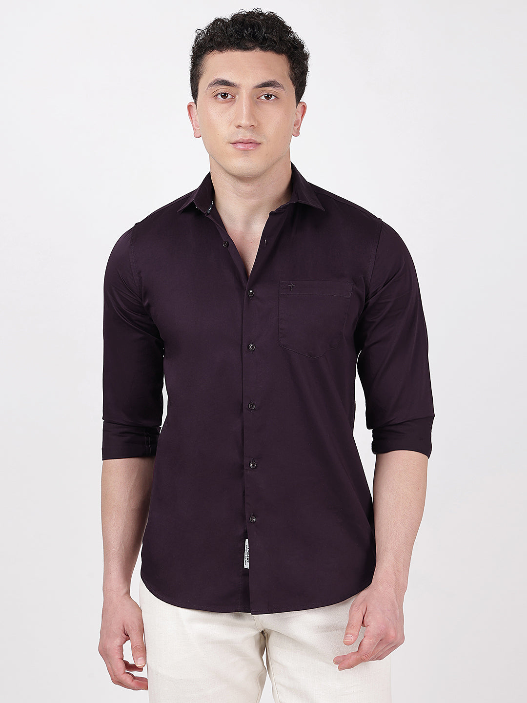 Solid Full Sleeves Wine Satin