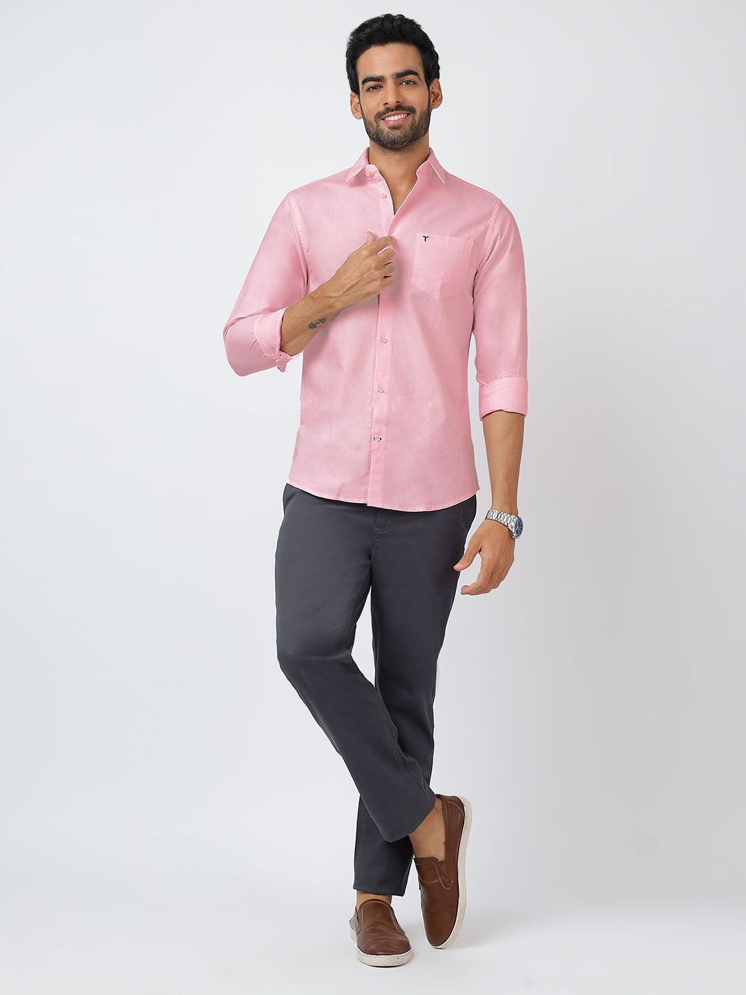 Solid Long Sleeves Pink Satin (100% Cotton)