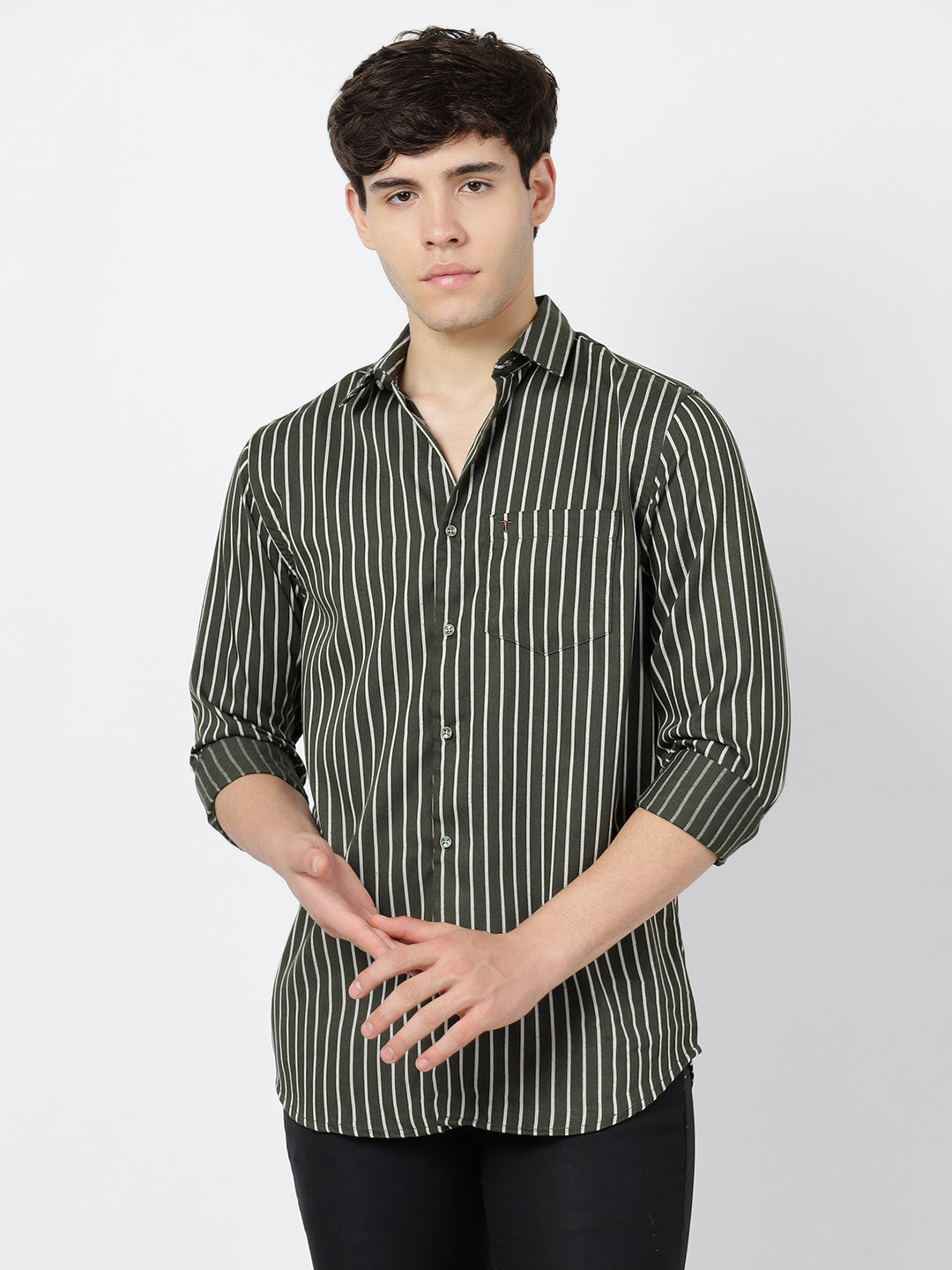 Striped Long Sleeves Classic Dark Green And White (100% Cotton)