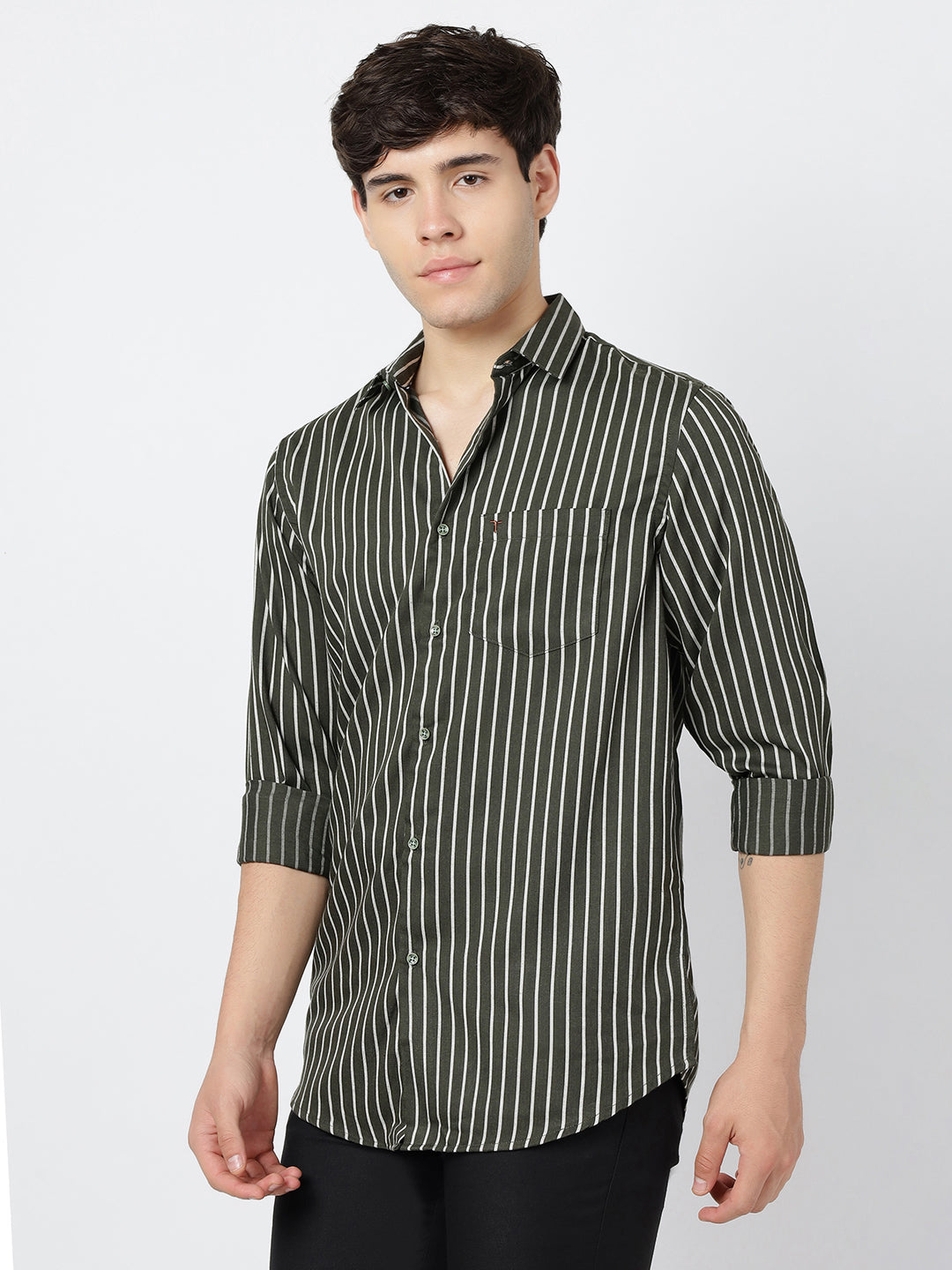 Striped Long Sleeves Classic Dark Green And White (100% Cotton)