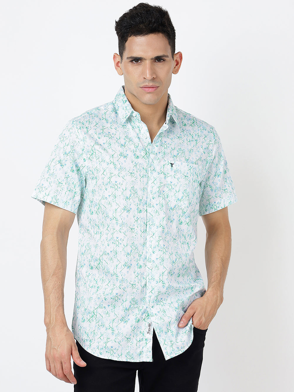 Printed Short Sleeves Floral Green-Blue Prints (100% Cotton)