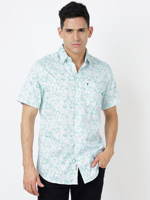 Printed Short Sleeves Floral Green-Blue Prints (100% Cotton)