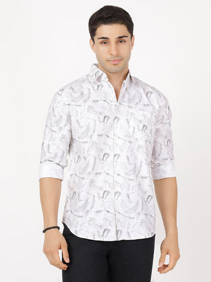 Print Long Sleeves White Brown Floral Print