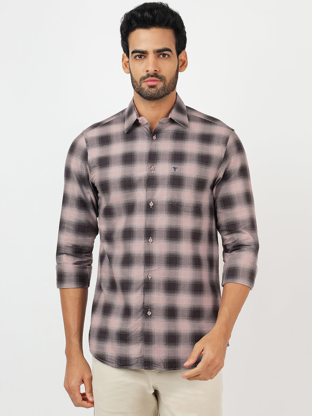 Check Long Sleeves Pale Silver & Olive Black (100% Cotton)