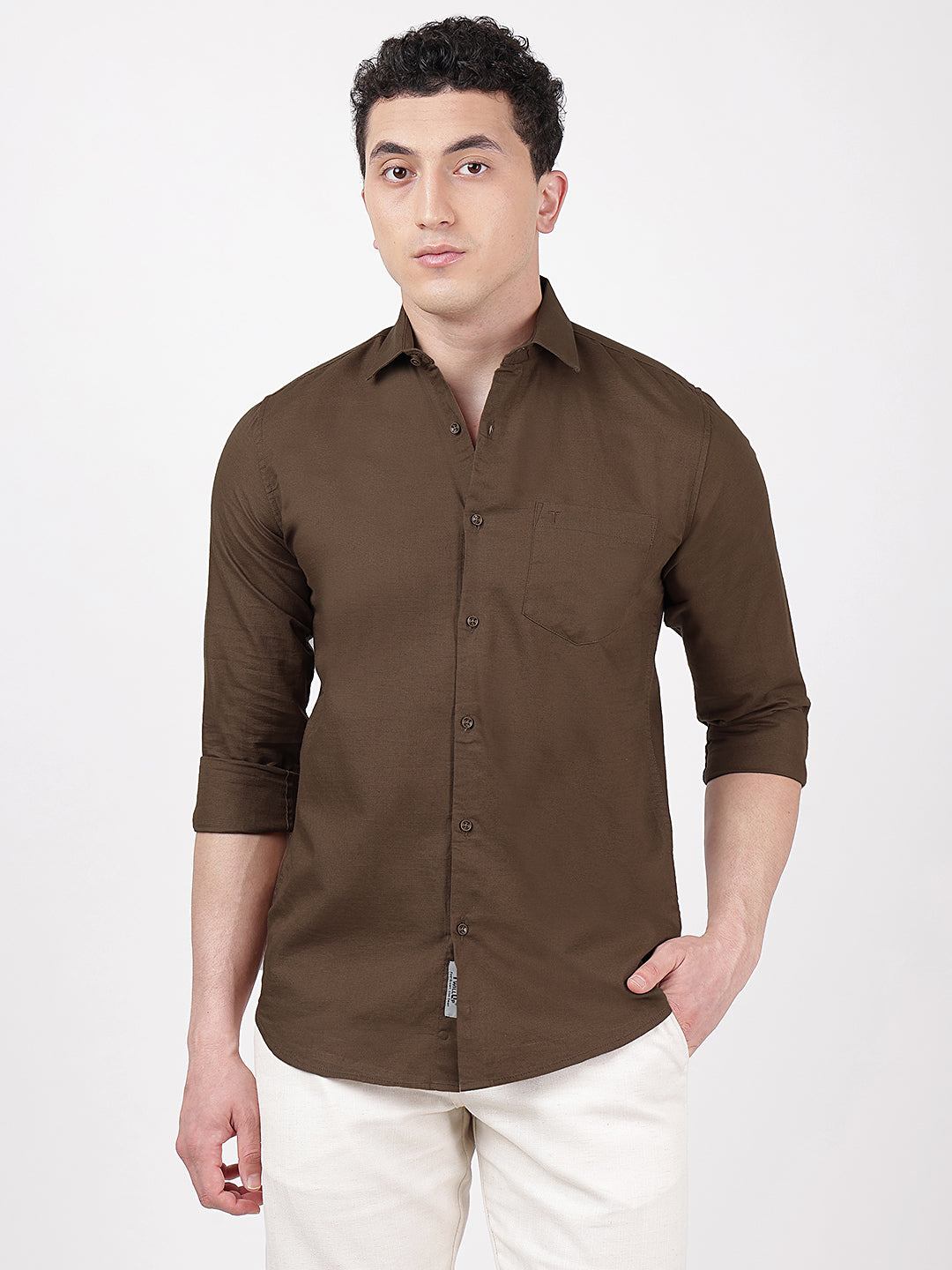 Solid Full Sleeves Brown Slub Twill