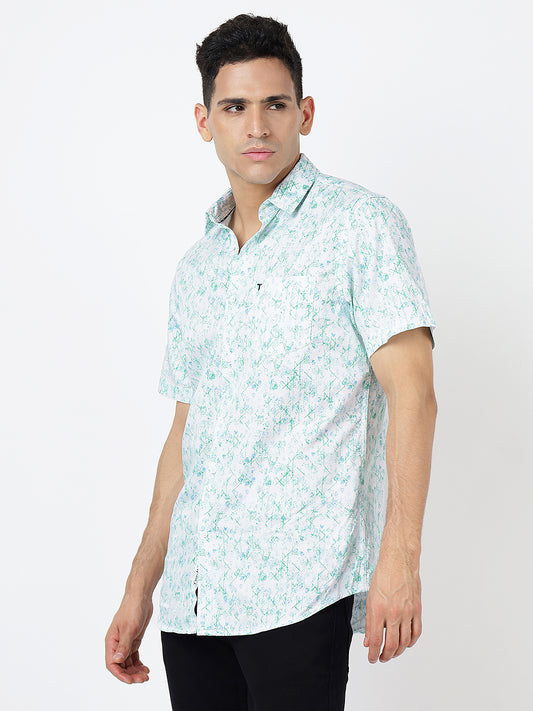 Printed Short Sleeves Floral Green-Blue Prints (100% Cotton)