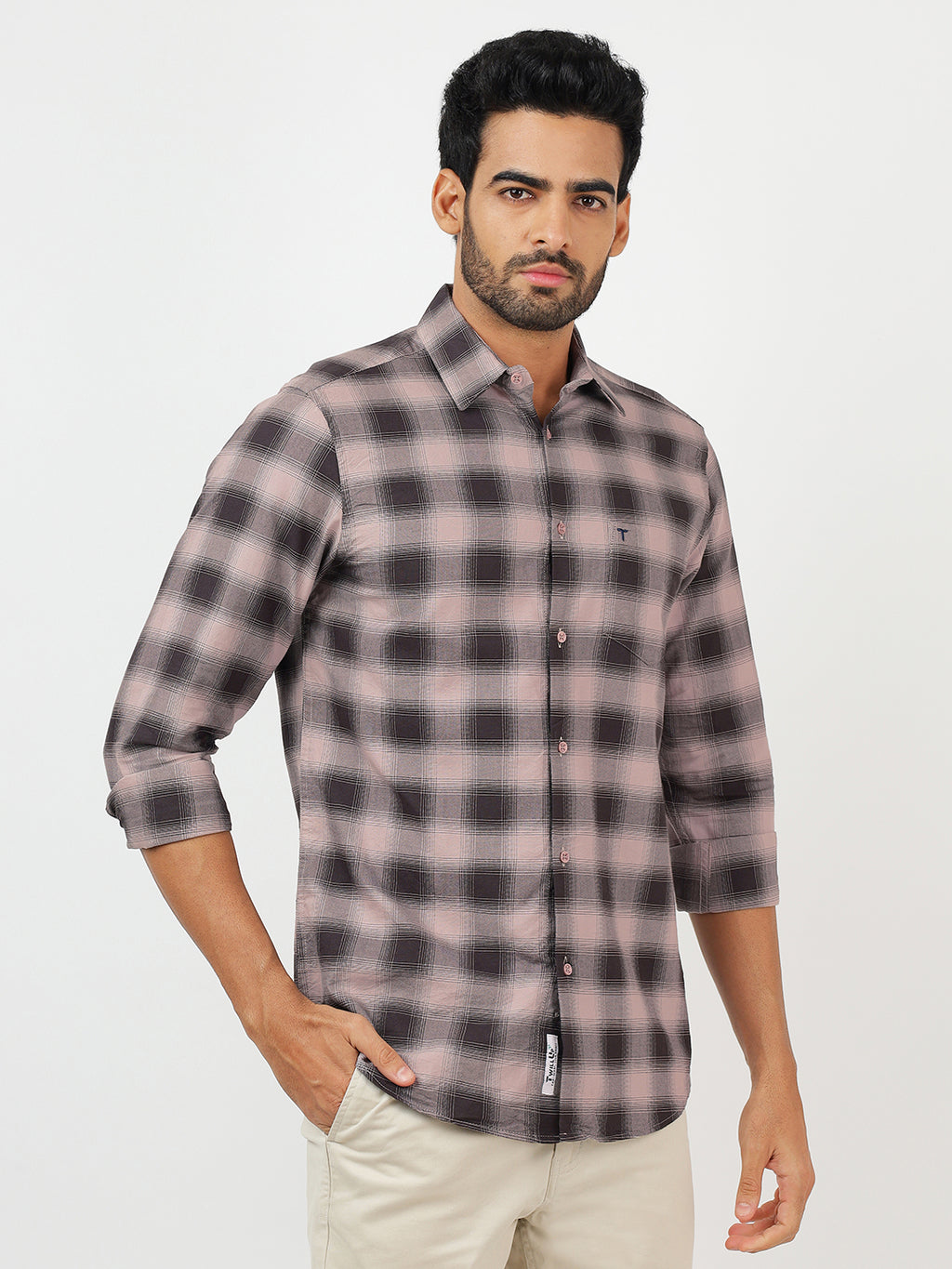 Check Long Sleeves Pale Silver & Olive Black (100% Cotton)