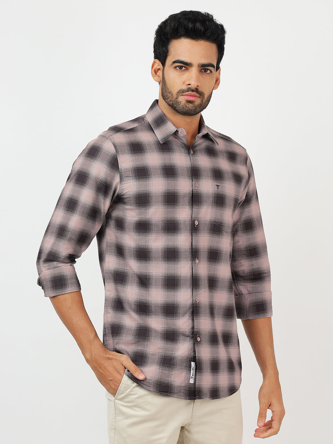 Check Long Sleeves Pale Silver & Olive Black (100% Cotton)