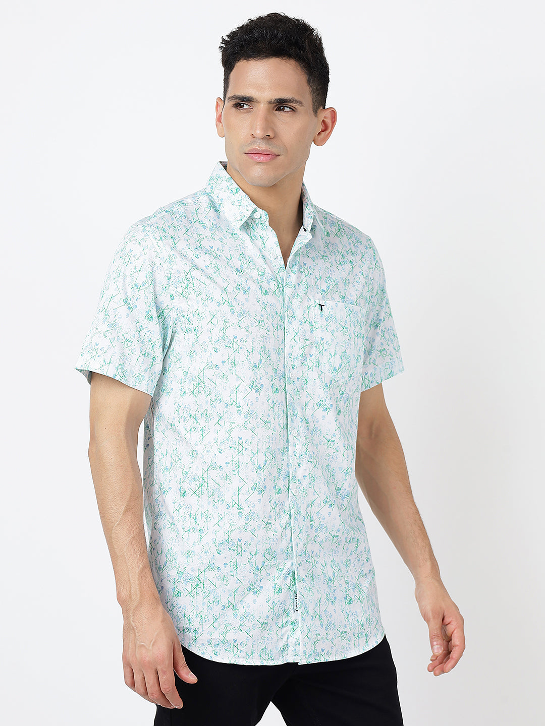 Printed Short Sleeves Floral Green-Blue Prints (100% Cotton)