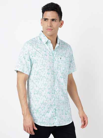 Printed Short Sleeves Floral Green-Blue Prints (100% Cotton)