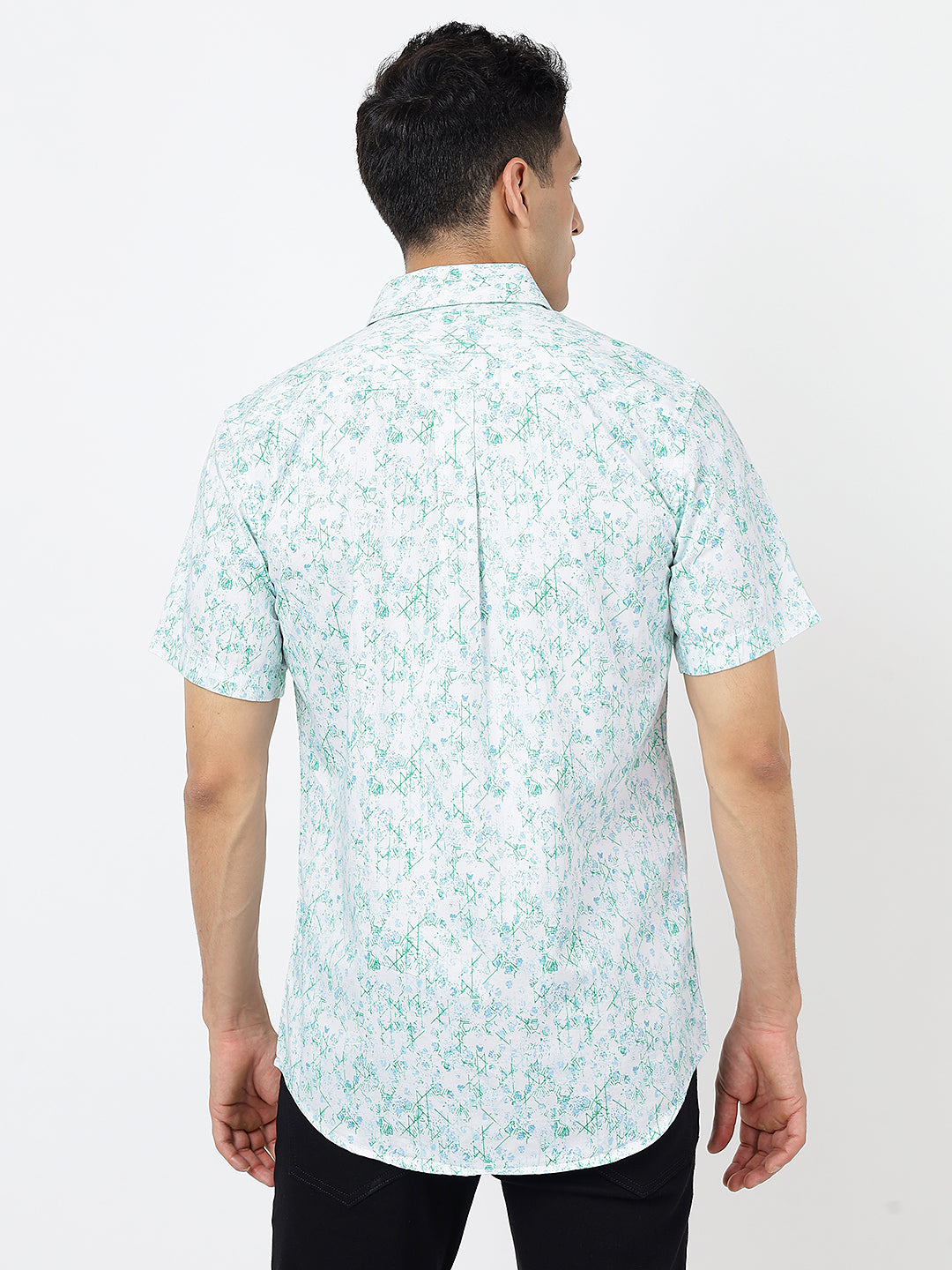 Printed Short Sleeves Floral Green-Blue Prints (100% Cotton)