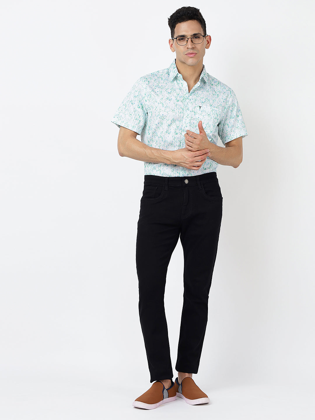 Printed Short Sleeves Floral Green-Blue Prints (100% Cotton)