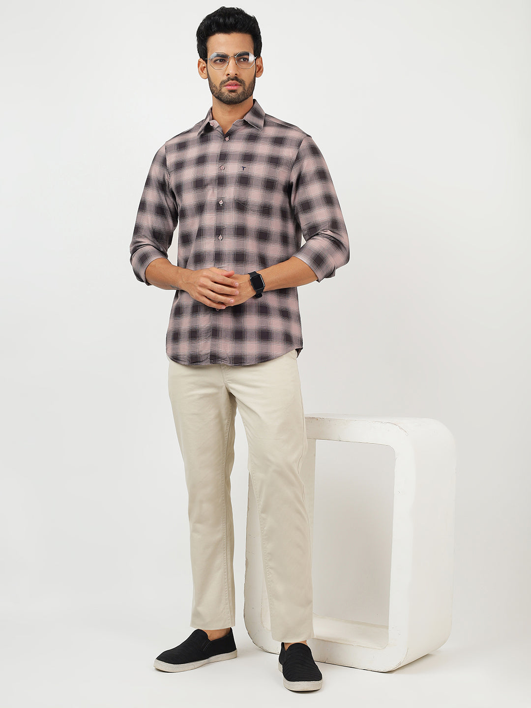 Check Long Sleeves Pale Silver & Olive Black (100% Cotton)