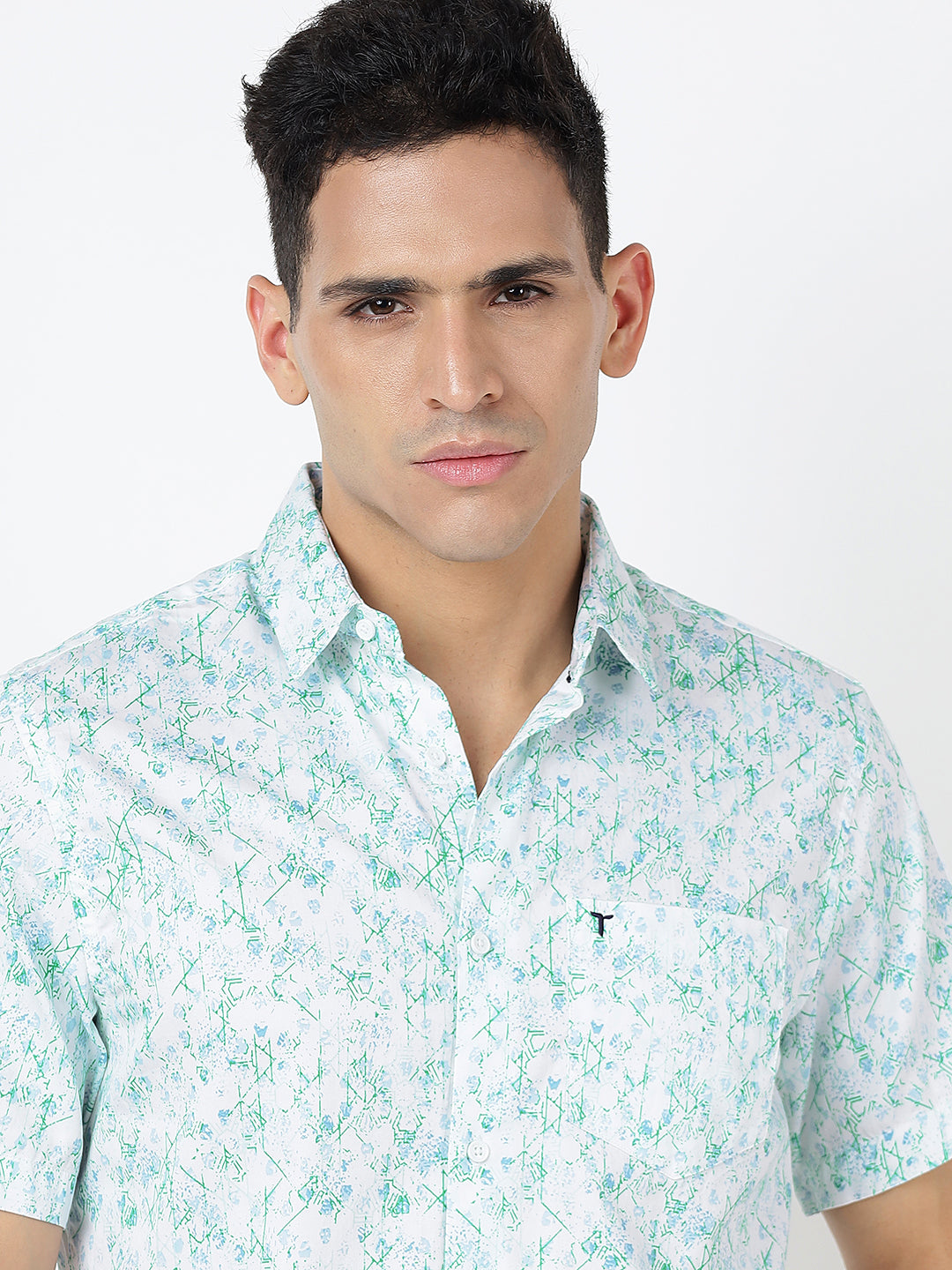 Printed Short Sleeves Floral Green-Blue Prints (100% Cotton)