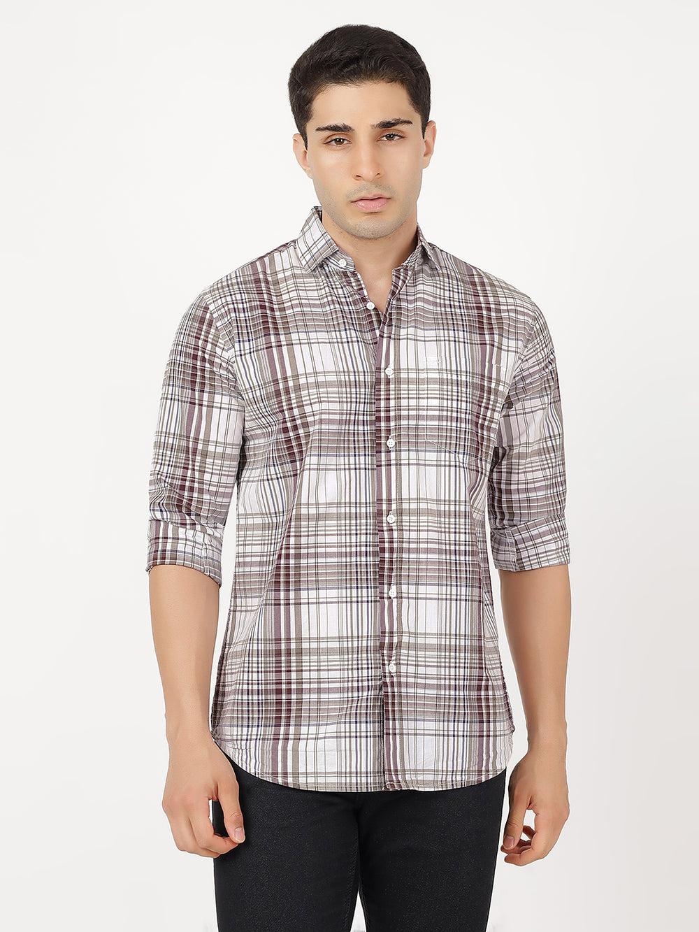 Check Long Sleeves Burgundy & Light Green Large Check (100% Cotton)