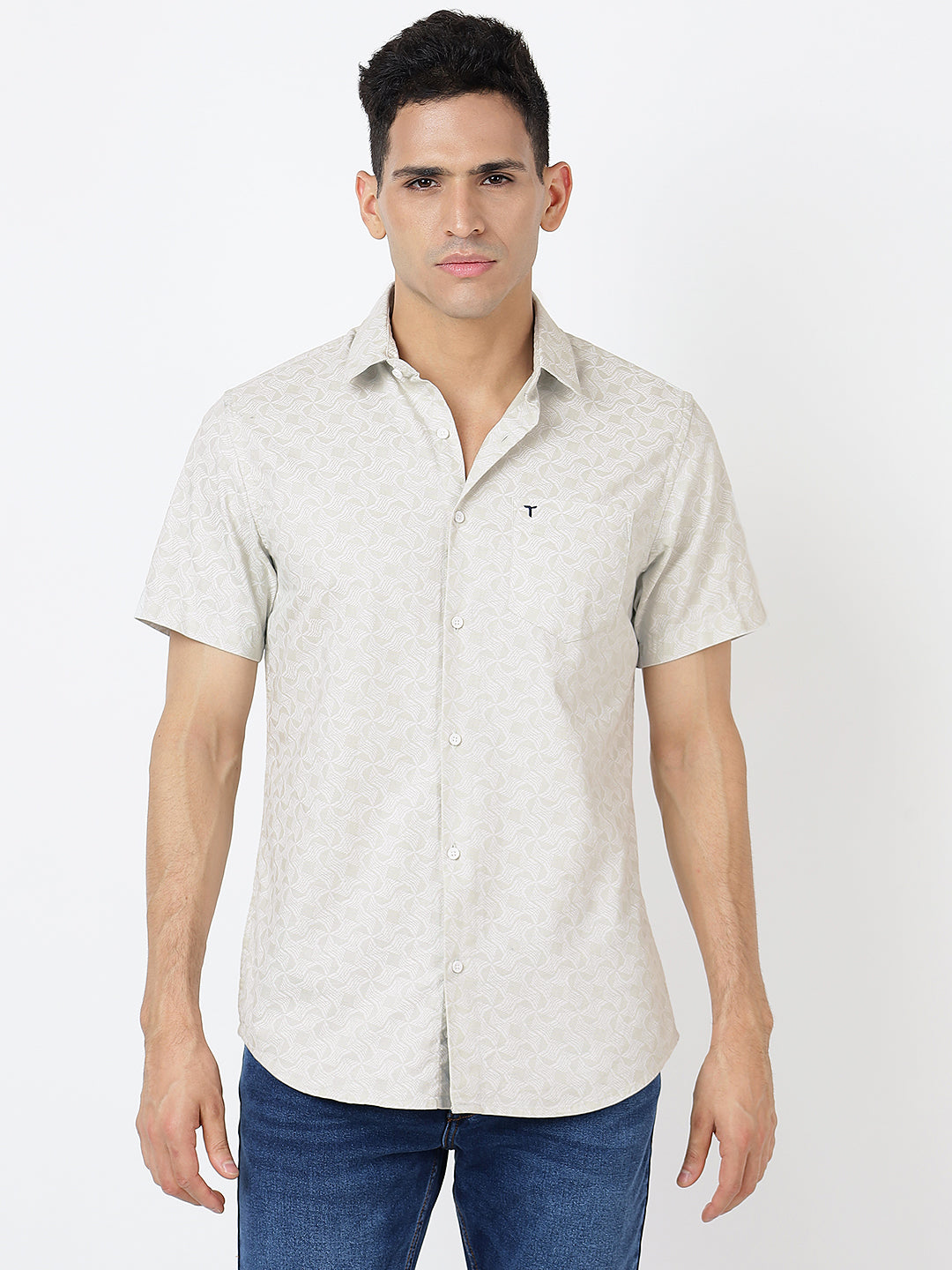 Printed Short Sleeves Grey Geometric Prints (100% Cotton)