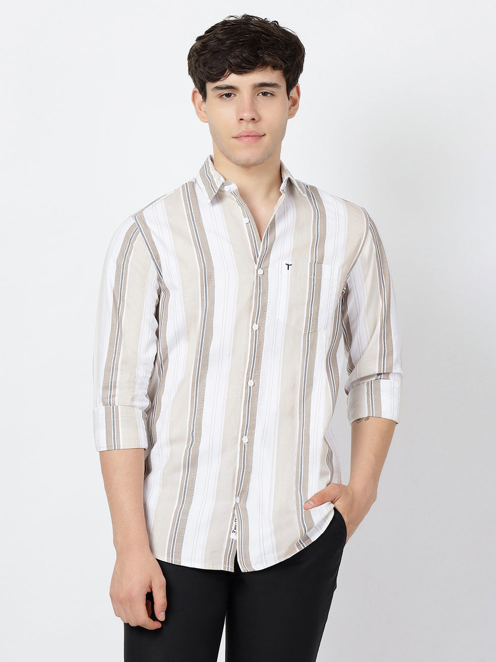 Striped Long Sleeves Classic Dark Beige And White (100% Cotton)