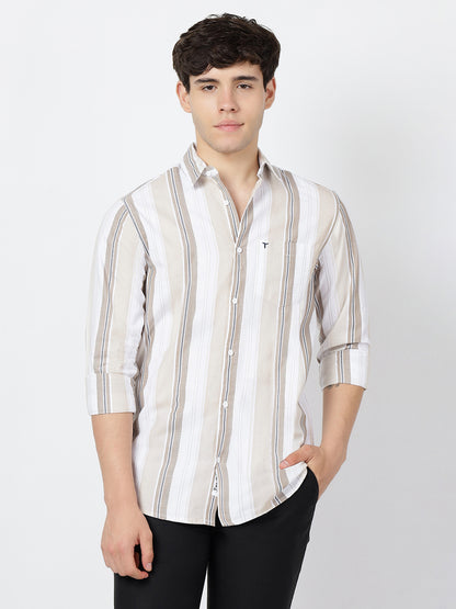 Striped Long Sleeves Classic Dark Beige And White (100% Cotton)