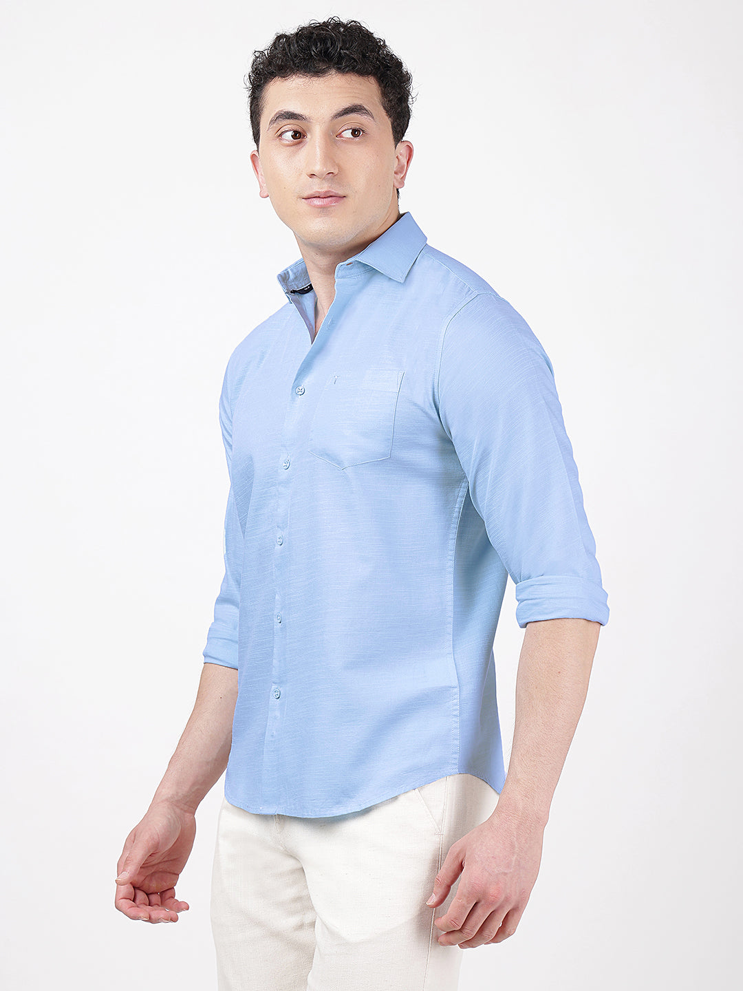 Solid Full Sleeves Light Blue Slub-Twill