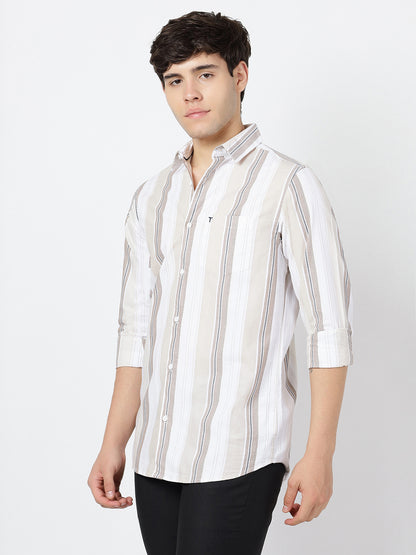 Striped Long Sleeves Classic Dark Beige And White (100% Cotton)