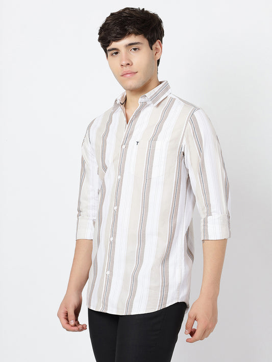 Striped Long Sleeves Classic Dark Beige And White (100% Cotton)