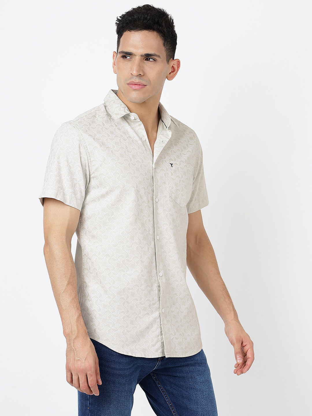 Printed Short Sleeves Grey Geometric Prints (100% Cotton)