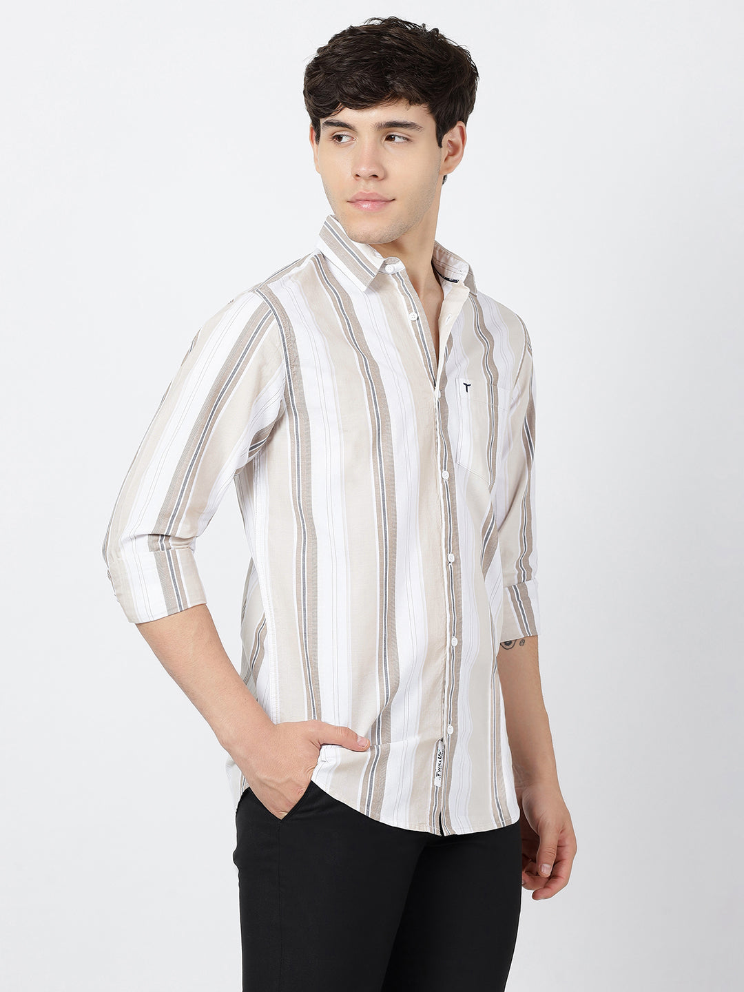 Striped Long Sleeves Classic Dark Beige And White (100% Cotton)