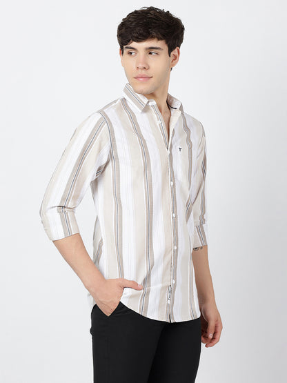 Striped Long Sleeves Classic Dark Beige And White (100% Cotton)