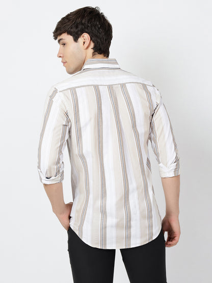 Striped Long Sleeves Classic Dark Beige And White (100% Cotton)