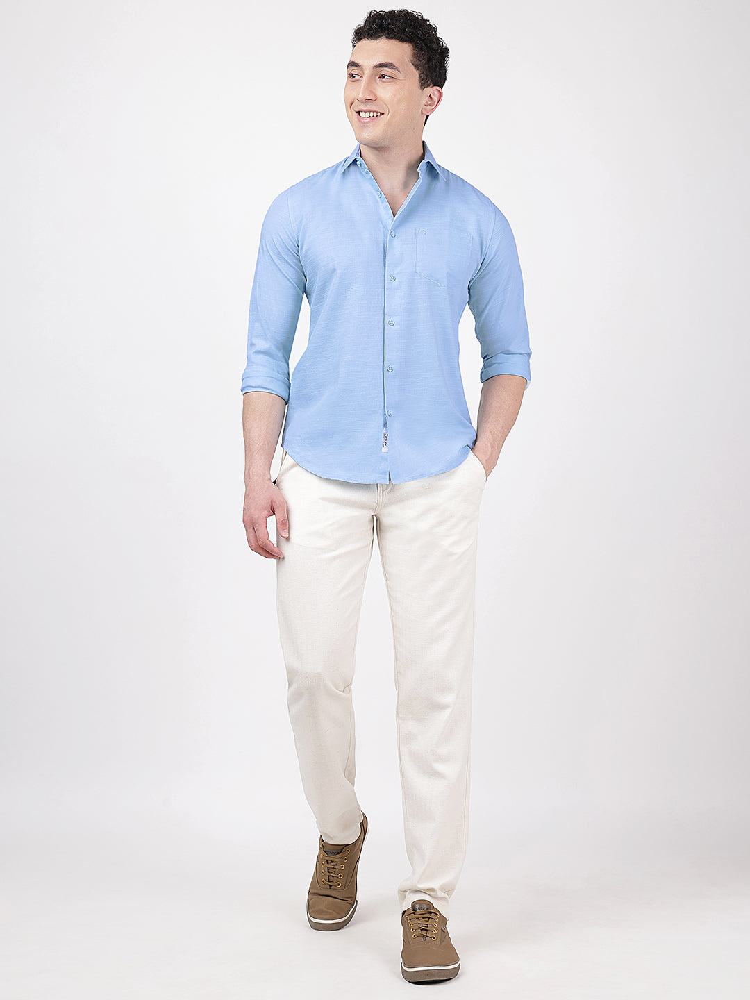 Solid Full Sleeves Light Blue Slub-Twill