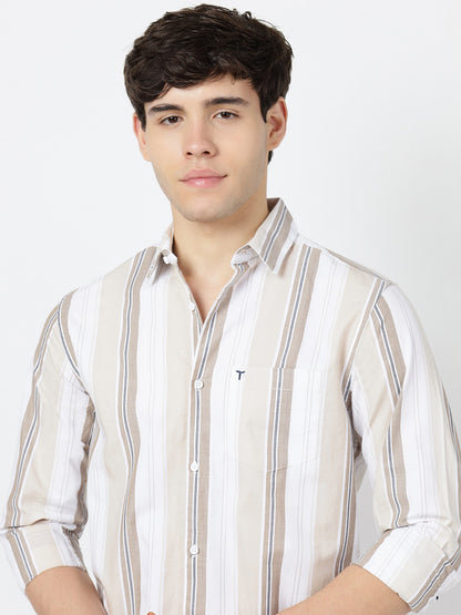 Striped Long Sleeves Classic Dark Beige And White (100% Cotton)