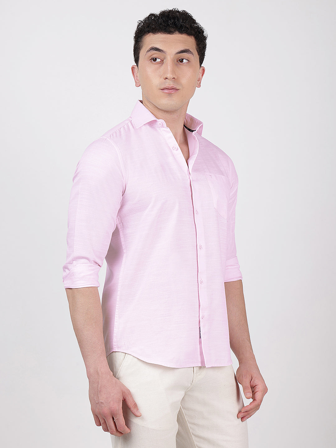 Solid Full Sleeves Baby Pink Slub Twill