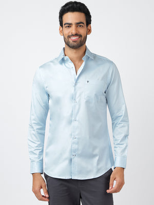 Solid Long Sleeves Pale Blue Satin (100% Cotton)