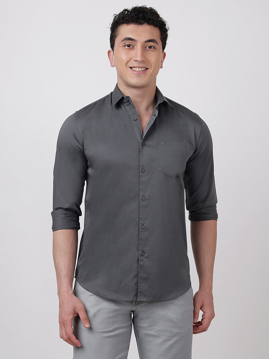 Solid Full Sleeves Dark Grey Satin