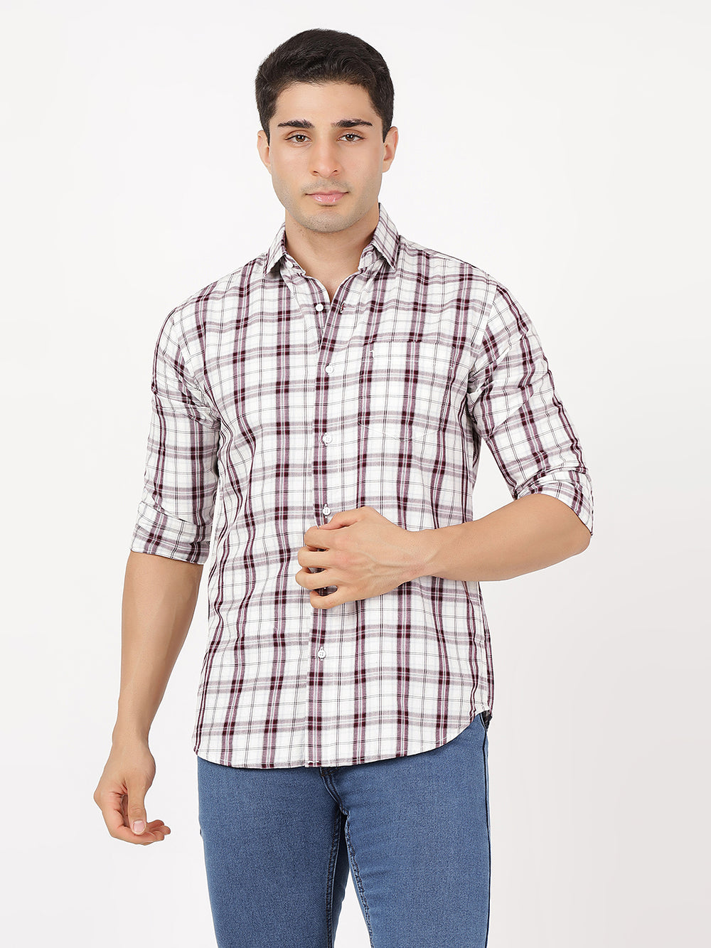 Check Long Sleeves Wine & White Medium Check (100% Cotton)