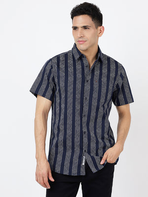 Printed Short Sleeves Dark Blue Striped Prints (100% Cotton)