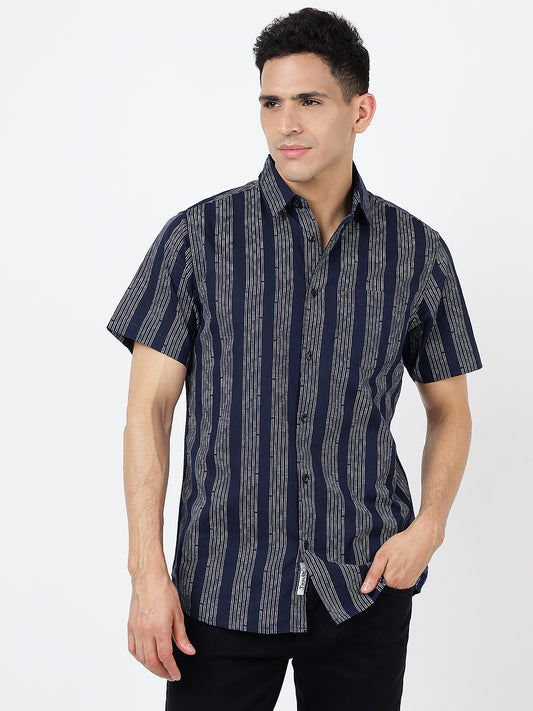 Printed Short Sleeves Dark Blue Striped Prints (100% Cotton)