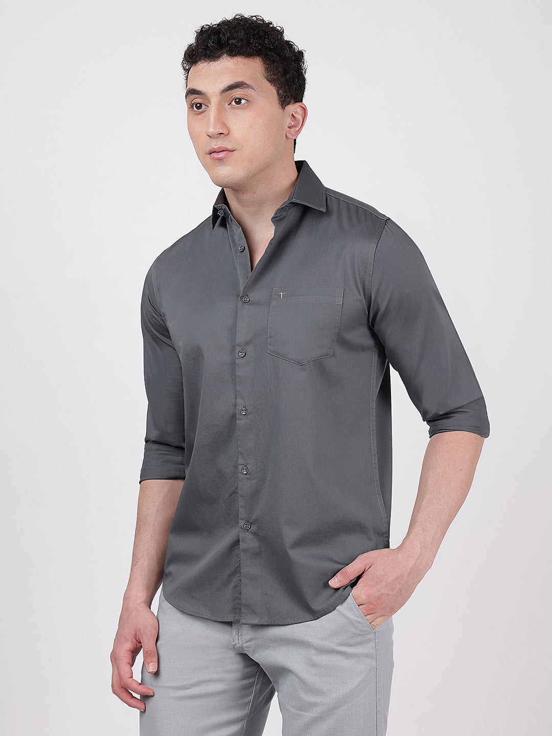 Solid Full Sleeves Dark Grey Satin
