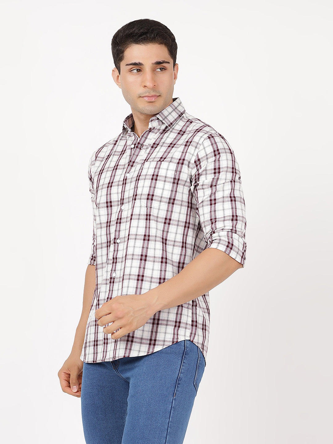 Check Long Sleeves Wine & White Medium Check (100% Cotton)