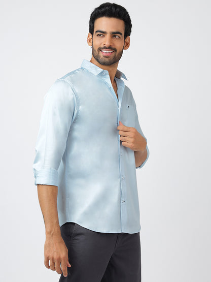 Solid Long Sleeves Pale Blue Satin (100% Cotton)