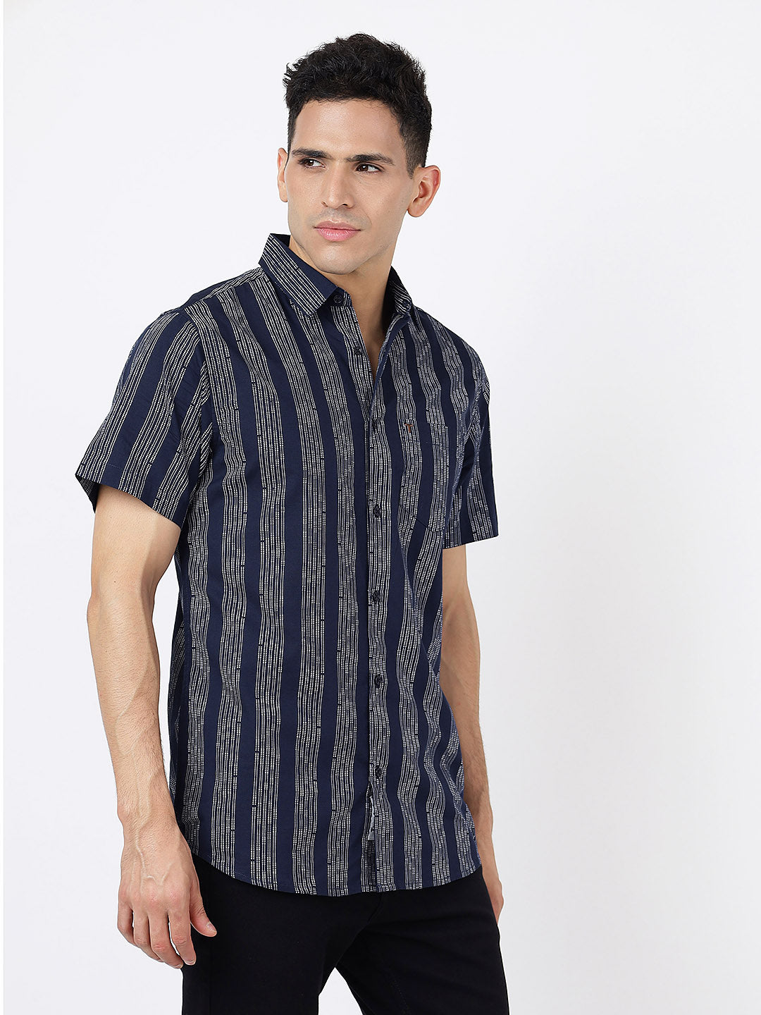 Printed Short Sleeves Dark Blue Striped Prints (100% Cotton)