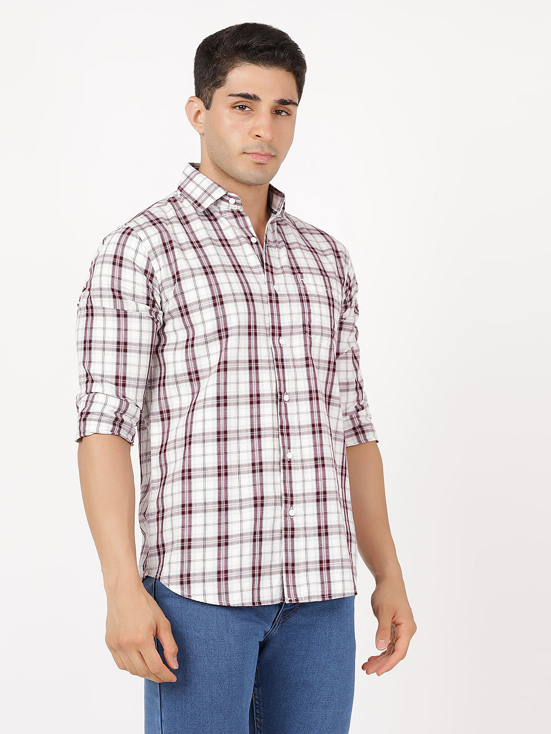 Check Long Sleeves Wine & White Medium Check (100% Cotton)
