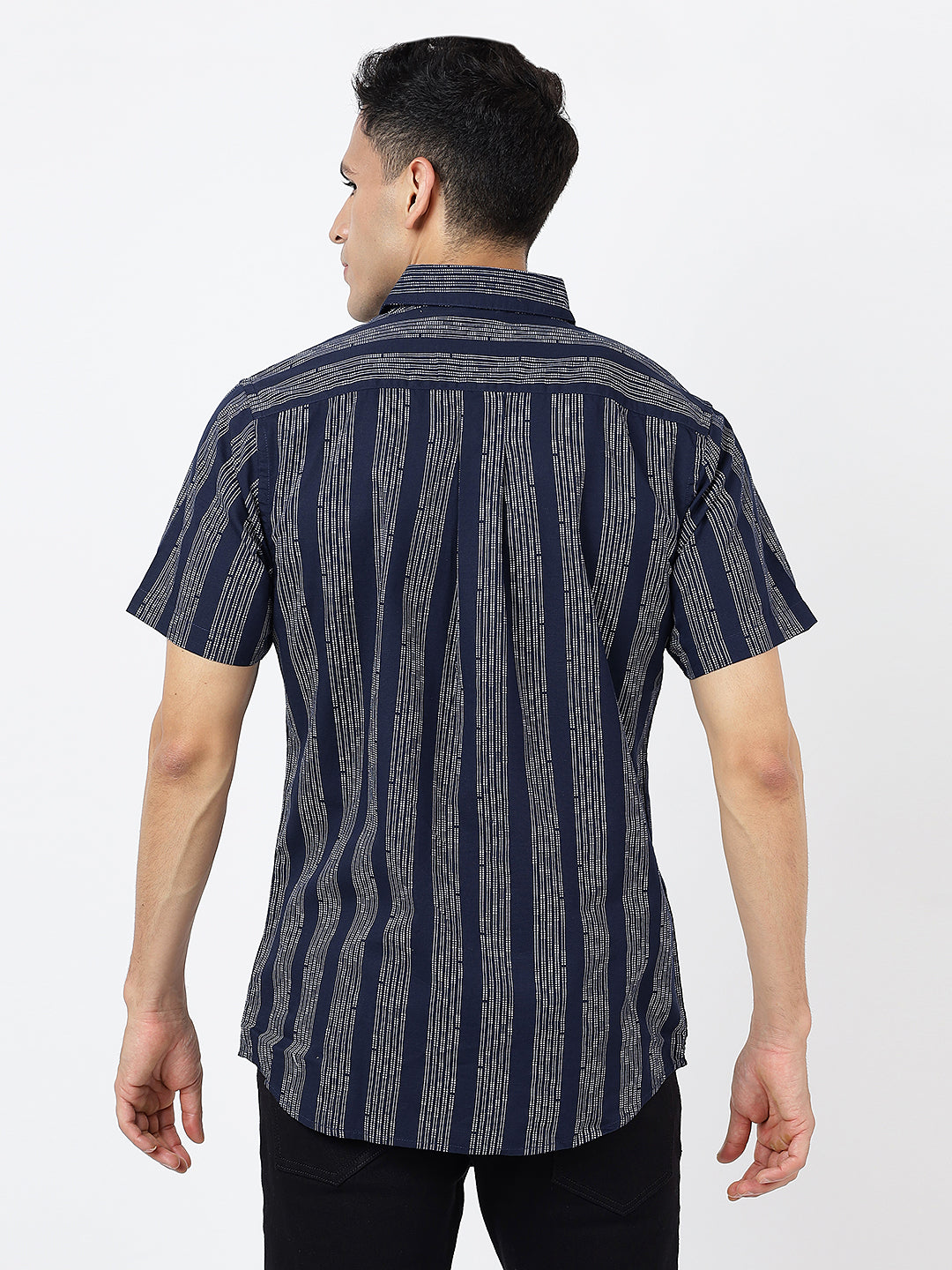 Printed Short Sleeves Dark Blue Striped Prints (100% Cotton)