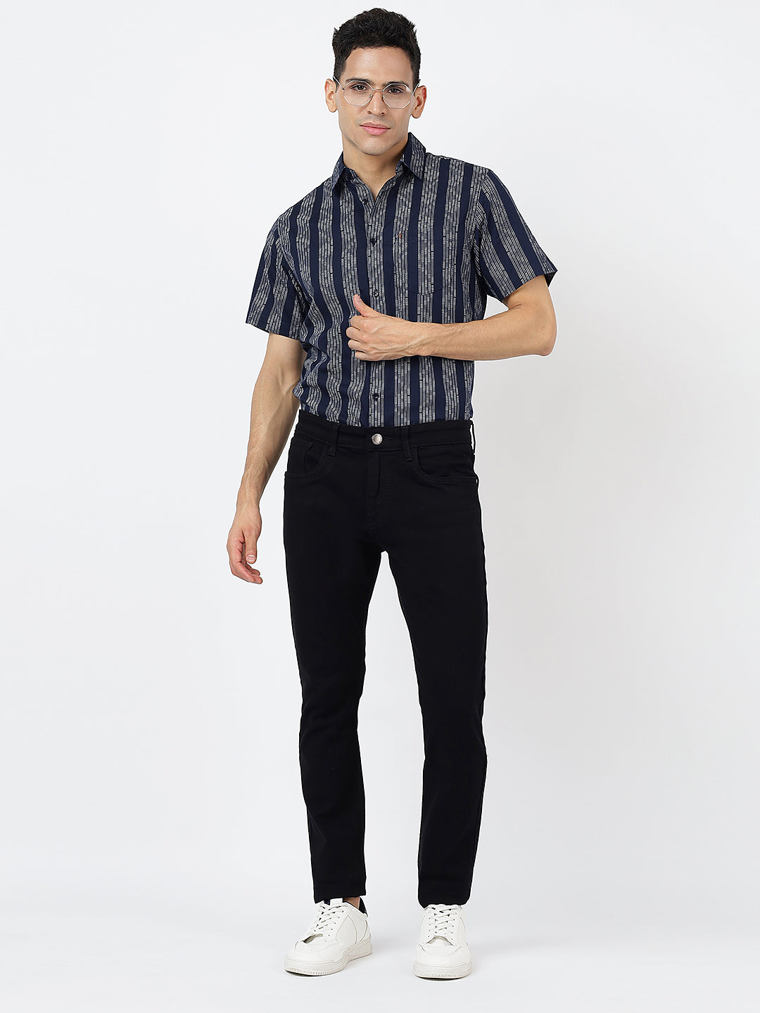 Printed Short Sleeves Dark Blue Striped Prints (100% Cotton)