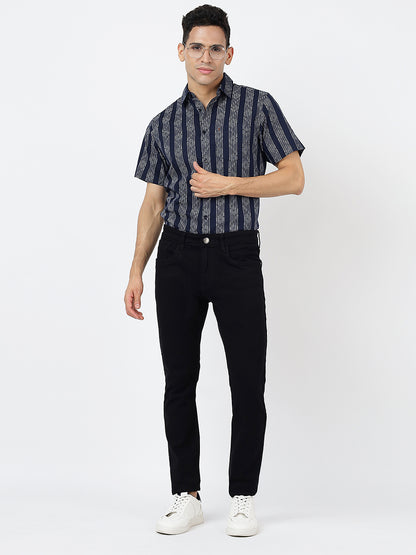 Printed Short Sleeves Dark Blue Striped Prints (100% Cotton)